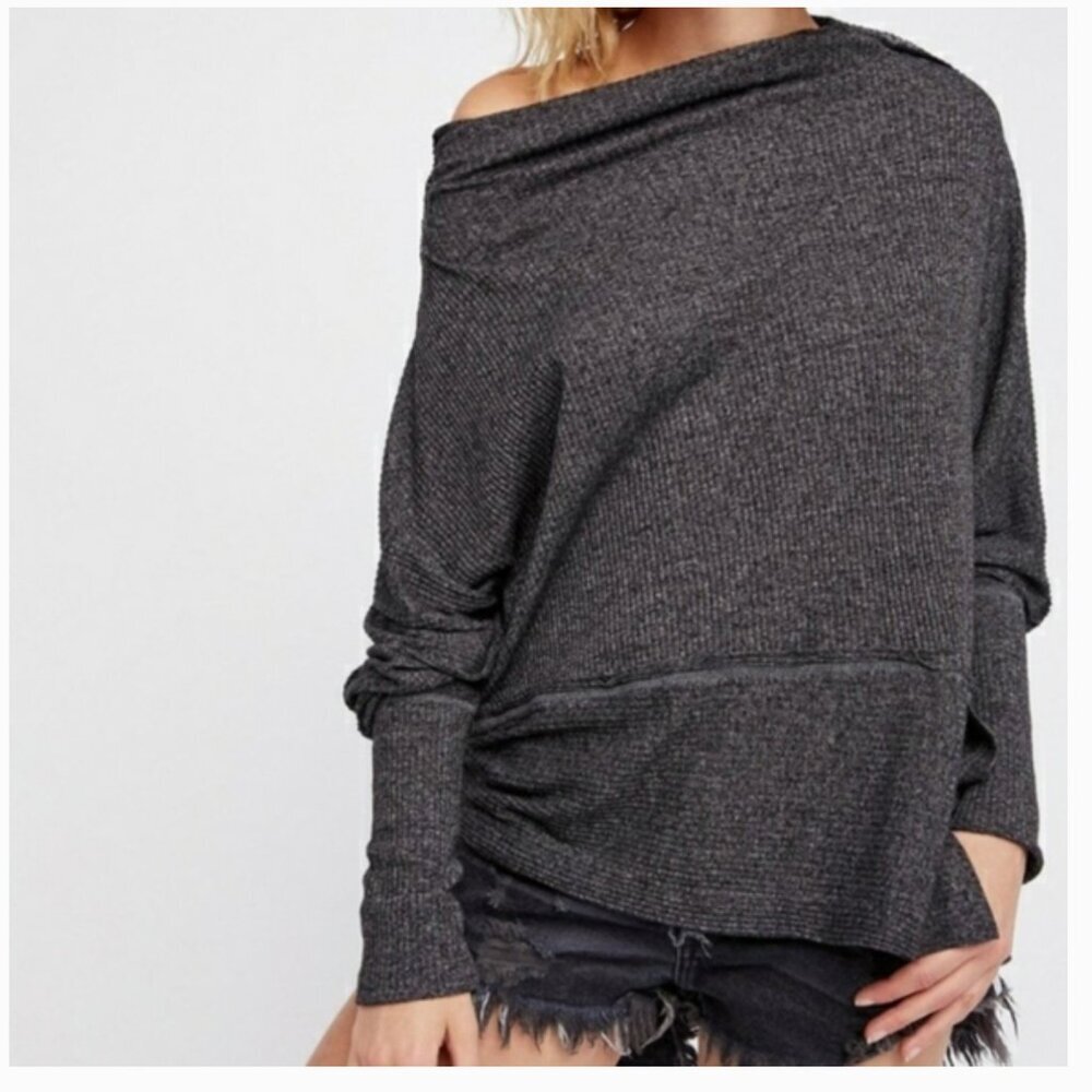 Free People We The Free Charcoal Grey Ribbed Slouchy Top Boho Soft Minimal XS